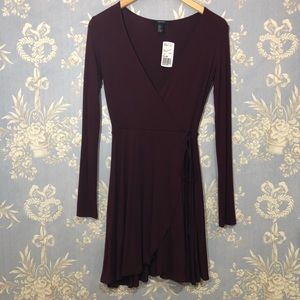 Burgundy Wrap Tie Flare Dress